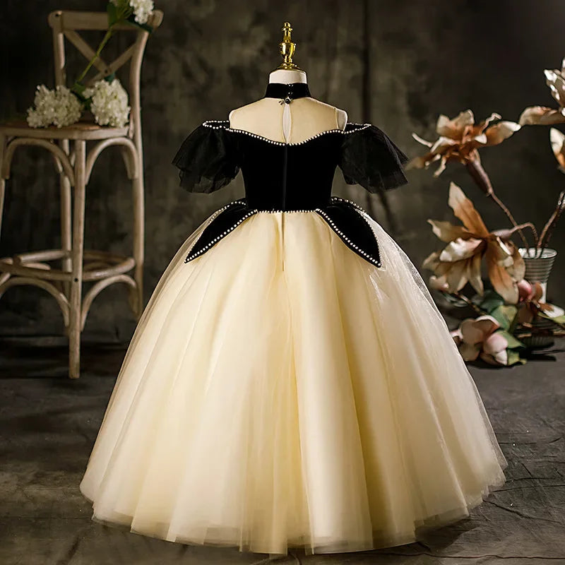 Fashion Kids Girl Elegant Evening Dress Patchwork Beading Princess Pageant Frock with black bodice and cream tulle skirt