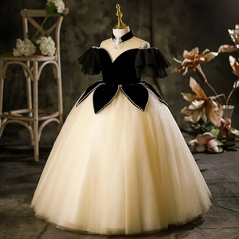 Fashion Kids Girl Elegant Evening Dress Patchwork Beading Princess Pageant Frock in black and cream with tulle skirt