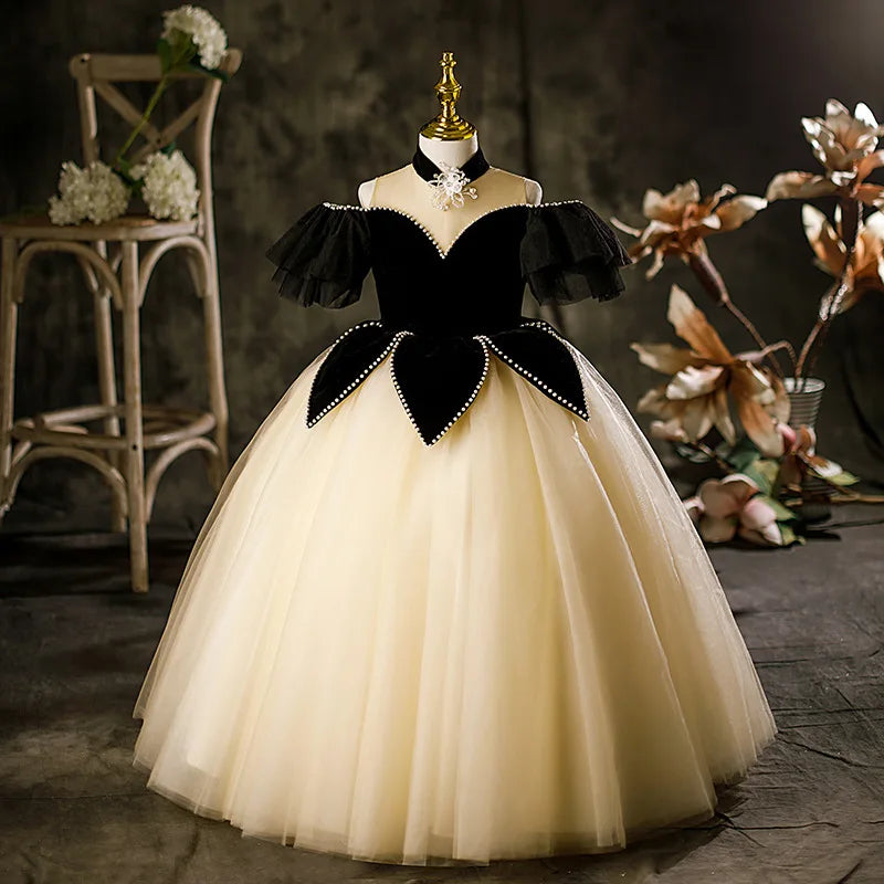 Fashion Kids Girl Elegant Evening Dress Patchwork Beading Princess Pageant Frock in black and cream with tulle skirt and pearl details