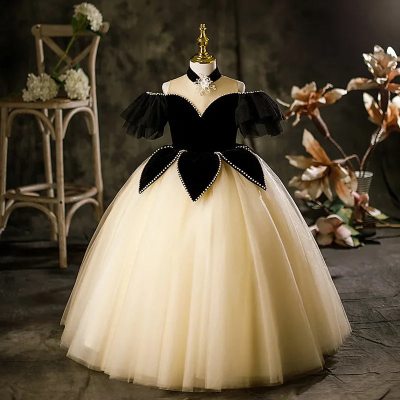 Fashion Kids Girl Elegant Evening Dress Patchwork Beading Princess Pageant Frock in black and cream with tulle skirt 