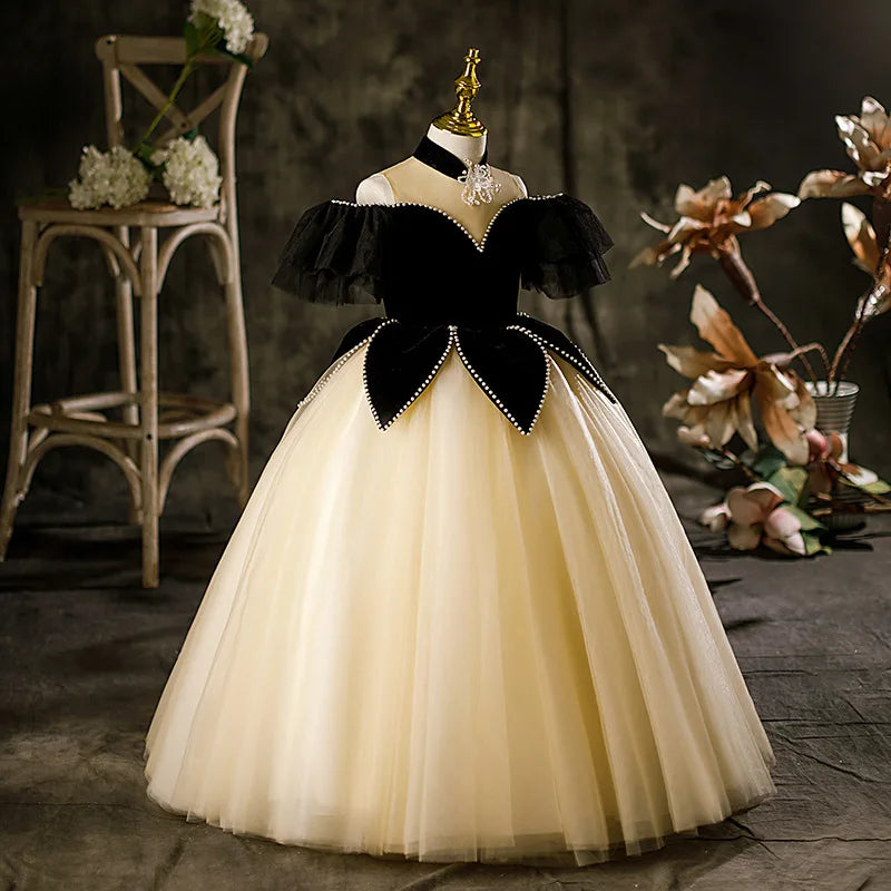 Fashion Kids Girl Elegant Evening Dress Patchwork Beading Princess Pageant Frock in black and cream on a dress form
