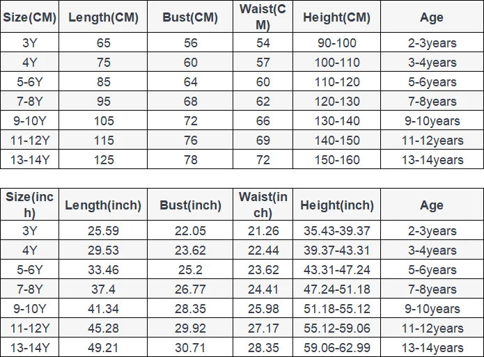 Size chart for Fashion Kids Girl Elegant Evening Dress Patchwork Beading Princess Pageant Frock with measurements in CM and inches