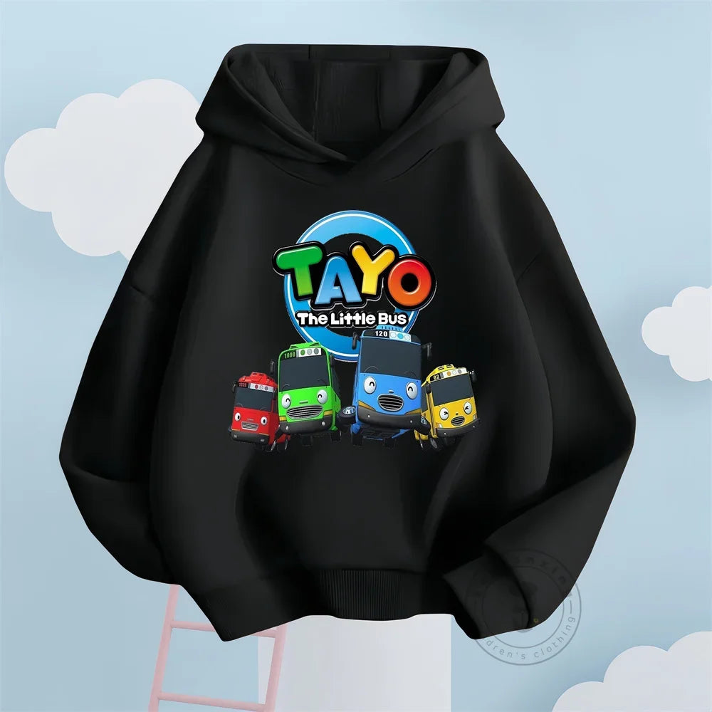 Fashion Kids Hoodies Cute Tayo Cartoon Graphic Print Boys Girls Sweatshirt Tops in black with colorful bus characters