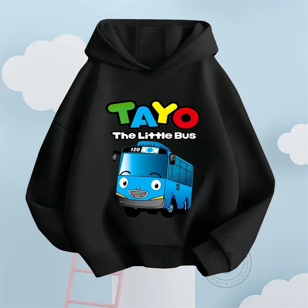 Fashion Kids Hoodies Cute Tayo Cartoon Graphic Print Boys Girls Sweatshirt Tops in black with cheerful blue bus design