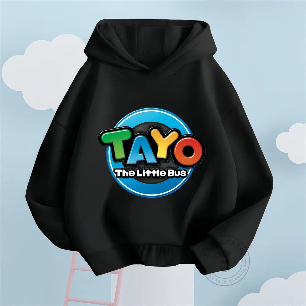 Fashion Kids Hoodies Cute Tayo Cartoon Graphic Print Boys Girls Sweatshirt Tops black hoodie with colorful Tayo the Little Bus logo