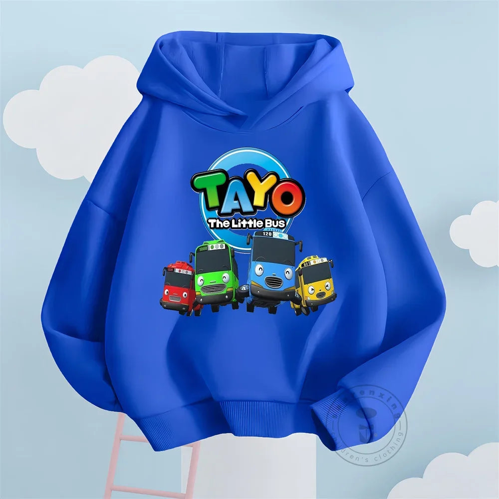 Fashion Kids Hoodies Cute Tayo Cartoon Graphic Print Boys Girls Sweatshirt Tops in blue with colorful bus characters