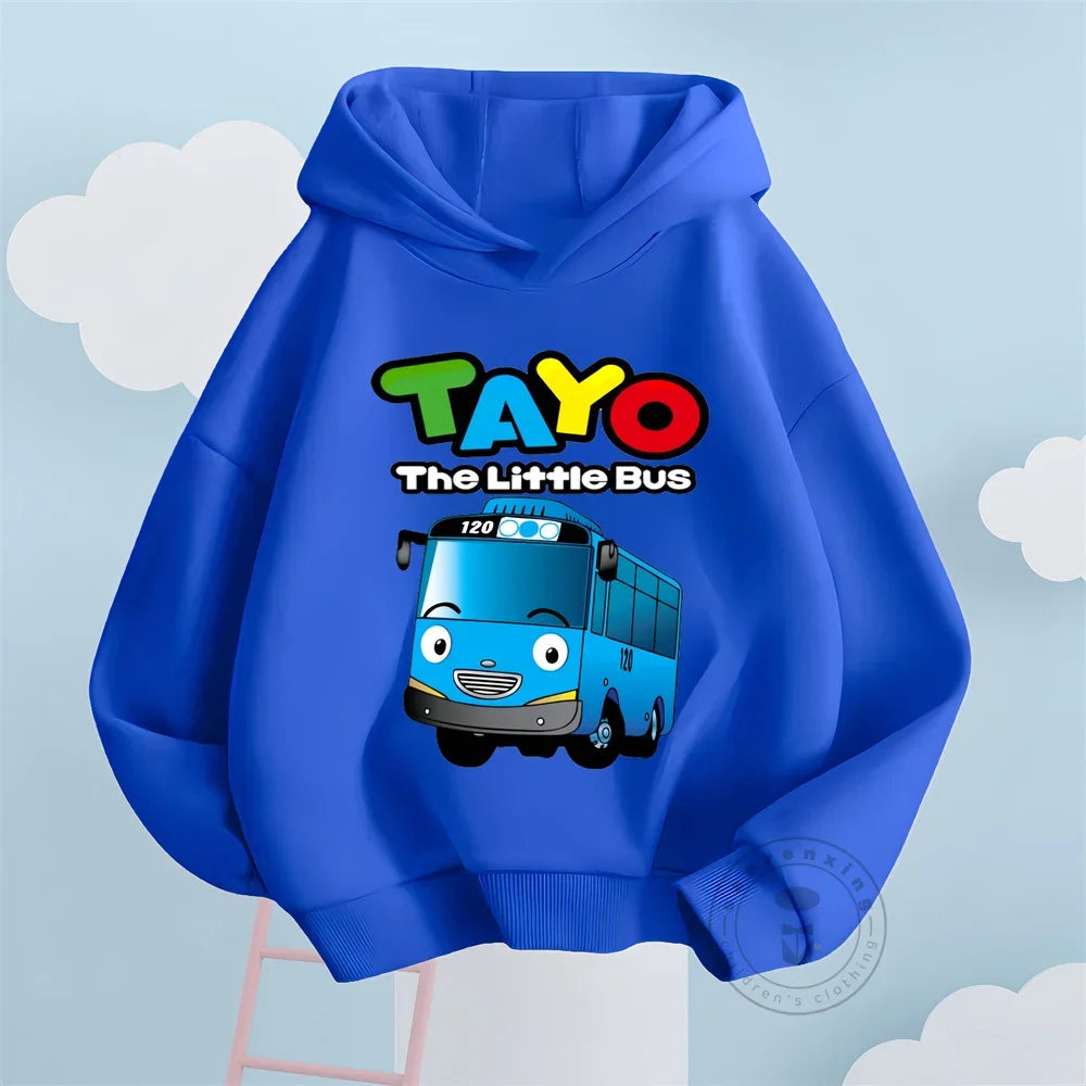 Fashion Kids Hoodies Cute Tayo Cartoon Graphic Print Boys Girls Sweatshirt Tops in blue with The Little Bus design