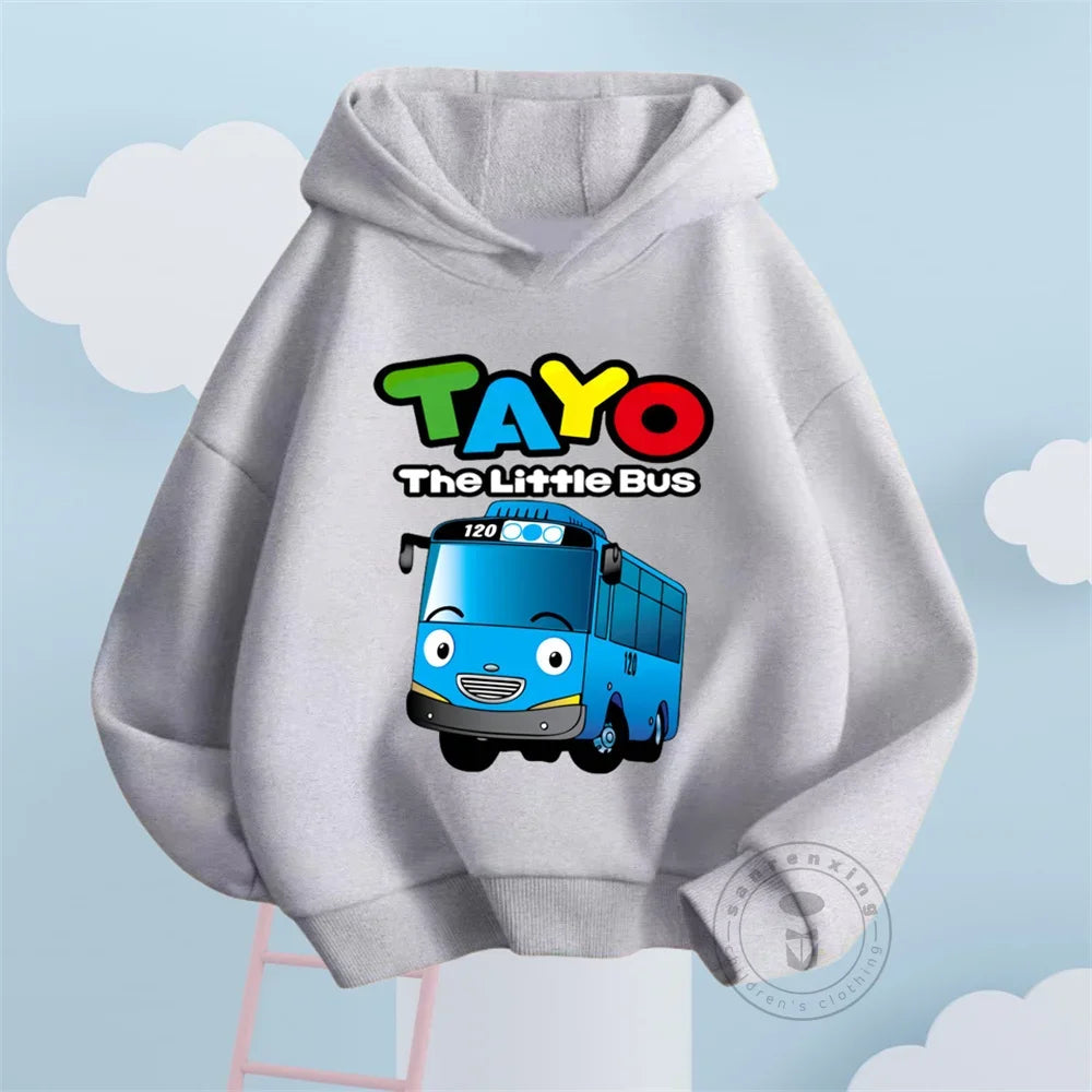 Fashion Kids Hoodies Cute Tayo Cartoon Graphic Print Boys Girls Sweatshirt Tops with blue bus design