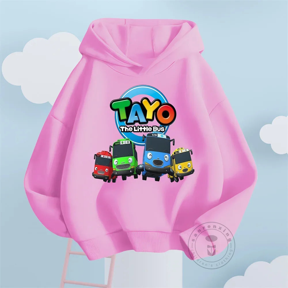 Fashion Kids Hoodies Cute Tayo Cartoon Graphic Print Boys Girls Sweatshirt Tops in pink with colorful bus characters