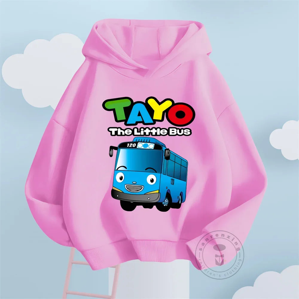 Fashion Kids Hoodies Cute Tayo Cartoon Graphic Print Boys Girls Sweatshirt Tops in pink with blue bus design
