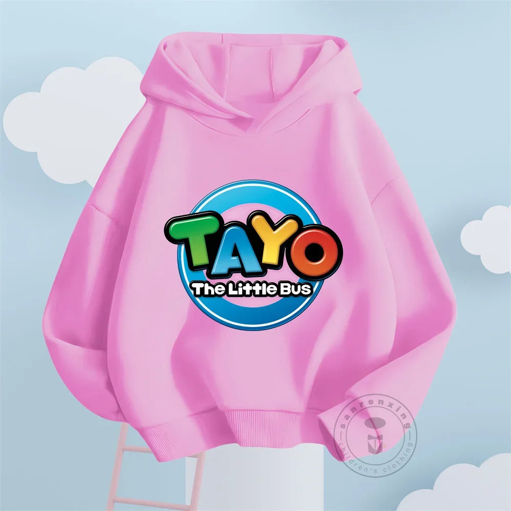Fashion Kids Hoodies Cute Tayo Cartoon Graphic Print Boys Girls Sweatshirt Tops in pink with colorful Tayo logo