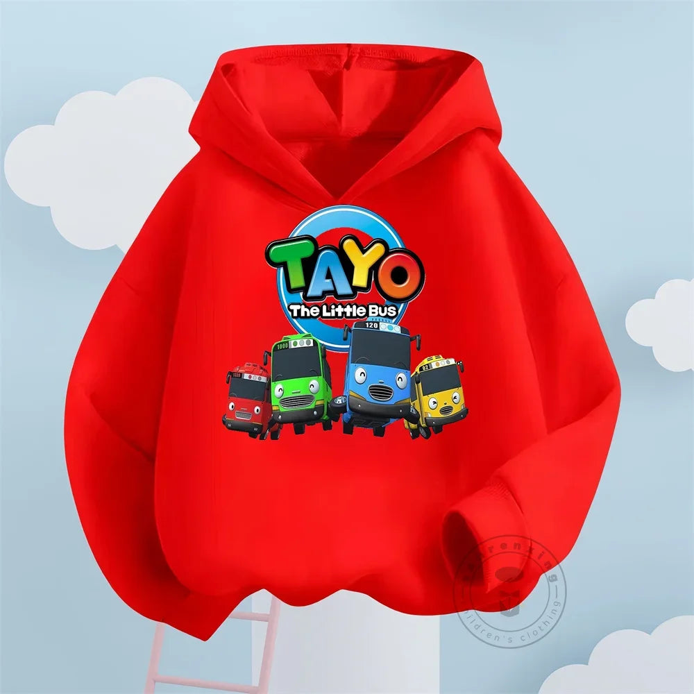 Fashion Kids Hoodies Cute Tayo Cartoon Graphic Print Boys Girls Sweatshirt Tops in bright red with colorful bus characters