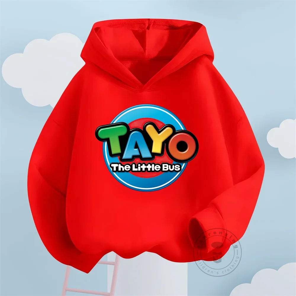 Fashion Kids Hoodies Cute Tayo Cartoon Graphic Print Boys Girls Sweatshirt Tops in bright red with hood