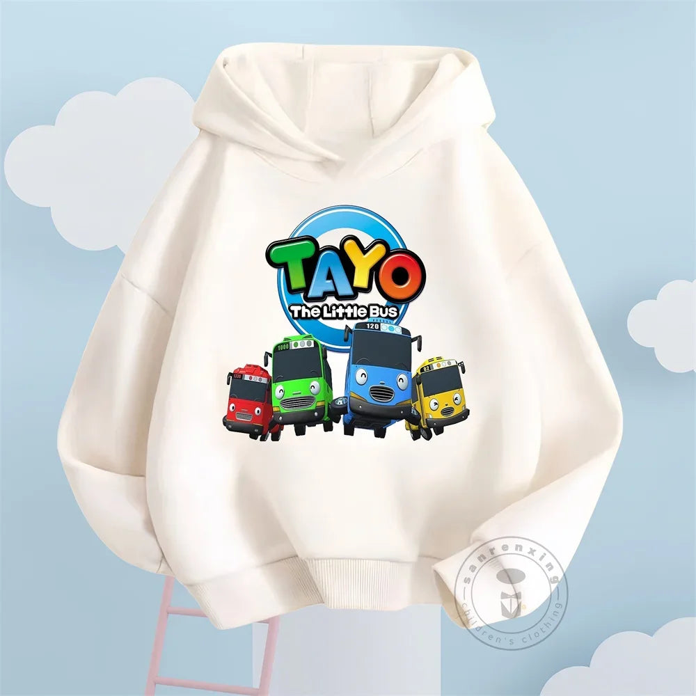 Fashion Kids Hoodies Cute Tayo Cartoon Graphic Print Boys Girls Sweatshirt Tops in white with colorful bus characters