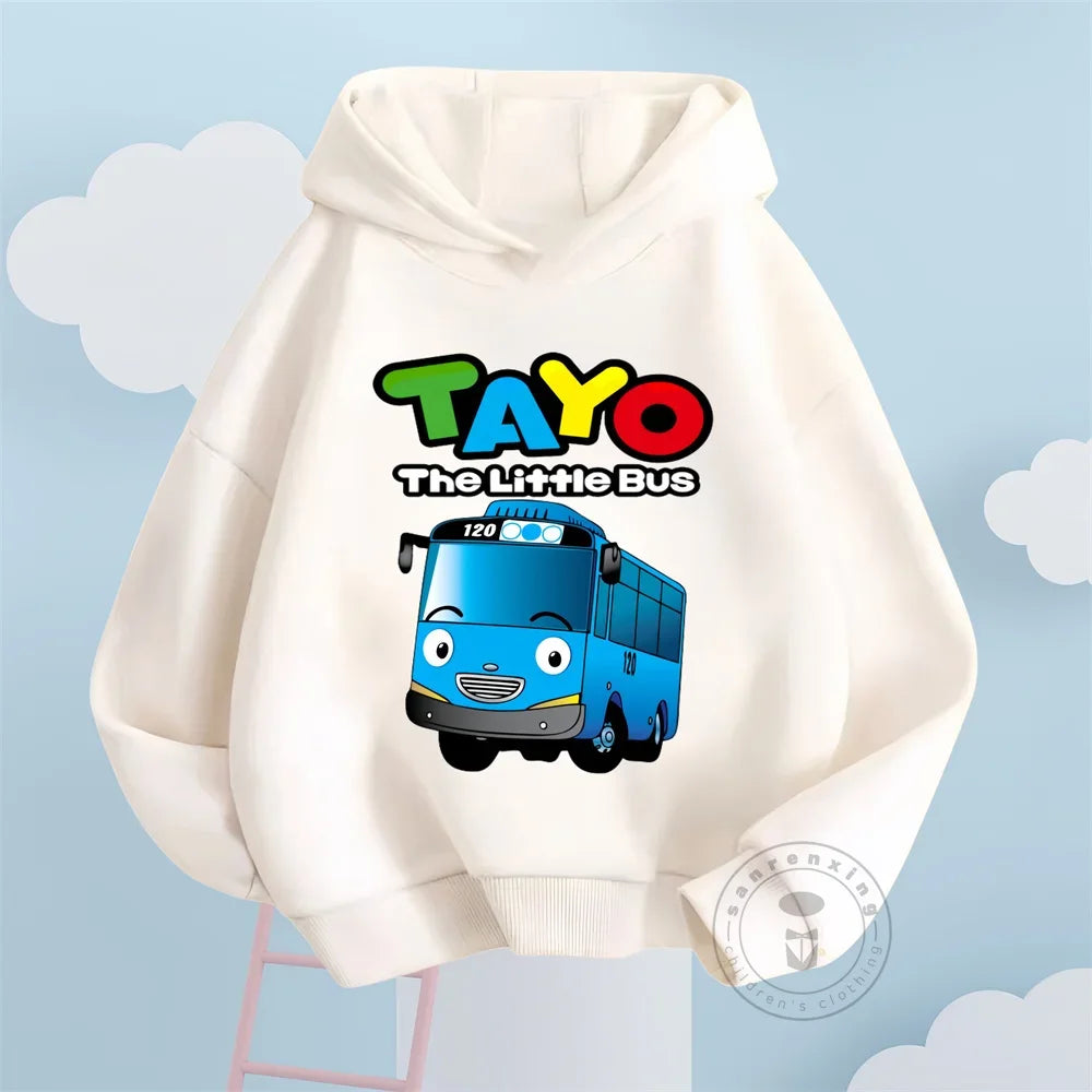 Fashion Kids Hoodies Cute Tayo Cartoon Graphic Print Boys Girls Sweatshirt Tops in white with blue bus design