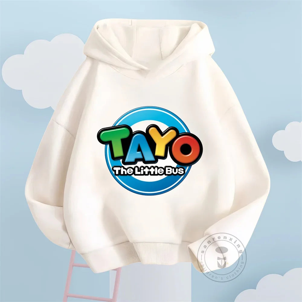 Fashion Kids Hoodies Cute Tayo Cartoon Graphic Print Boys Girls Sweatshirt Tops in white with colorful Tayo logo