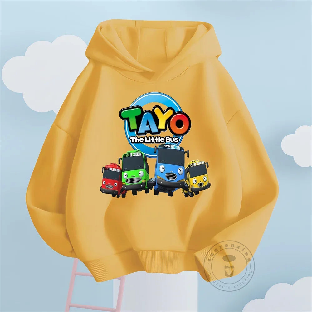 Fashion Kids Hoodies Cute Tayo Cartoon Graphic Print Boys Girls Sweatshirt Tops in yellow with colorful bus characters