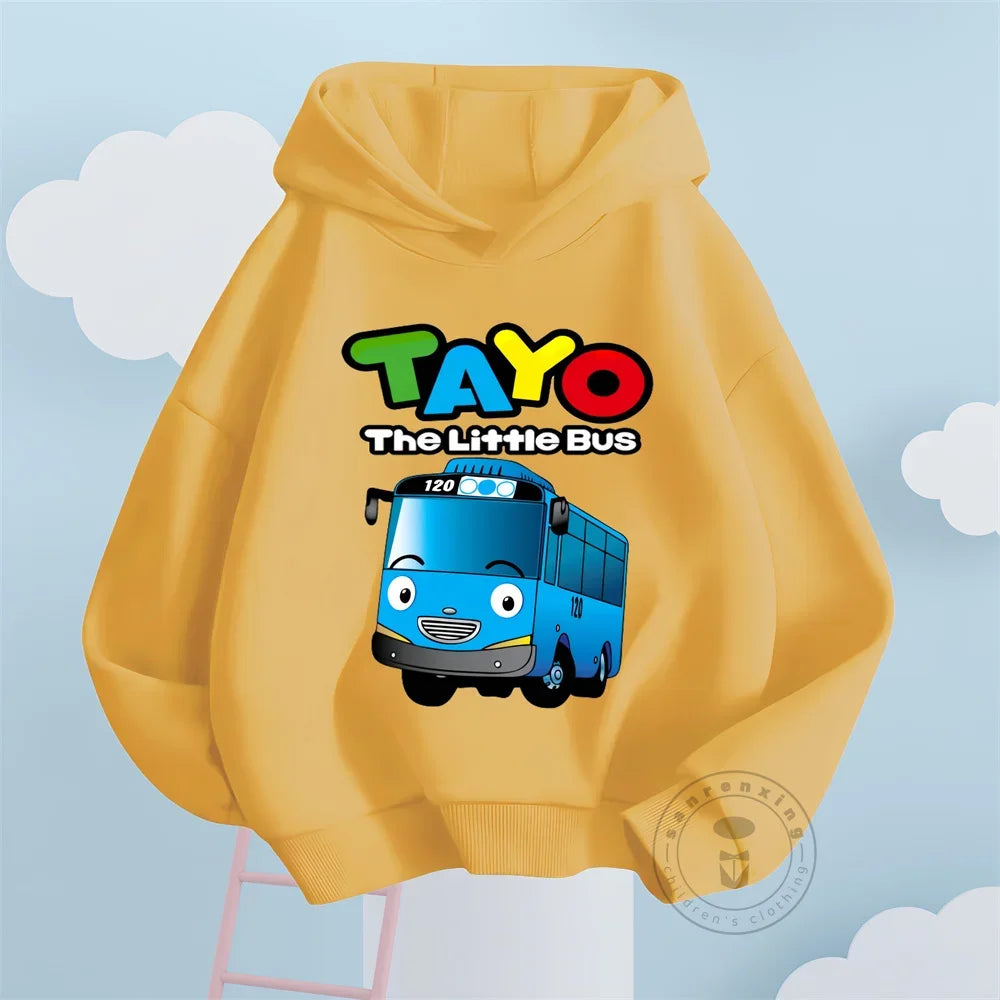 Fashion Kids Hoodies Cute Tayo Cartoon Graphic Print Boys Girls Sweatshirt Tops in yellow with The Little Bus design
