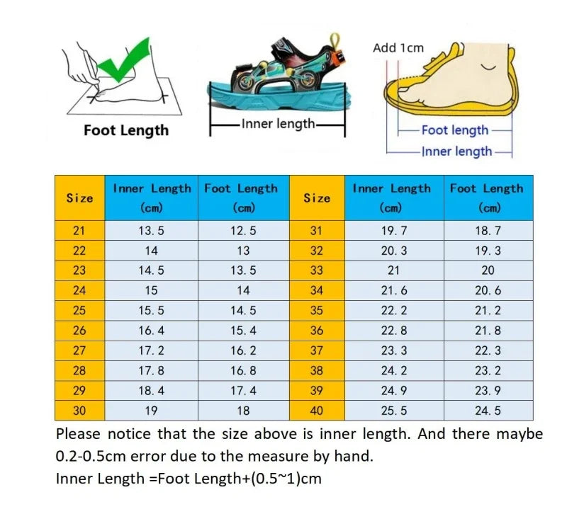 Size chart for fashion kids sneakers boys girls casual waterproof non-slip sport walking shoes showing inner and foot length measurements