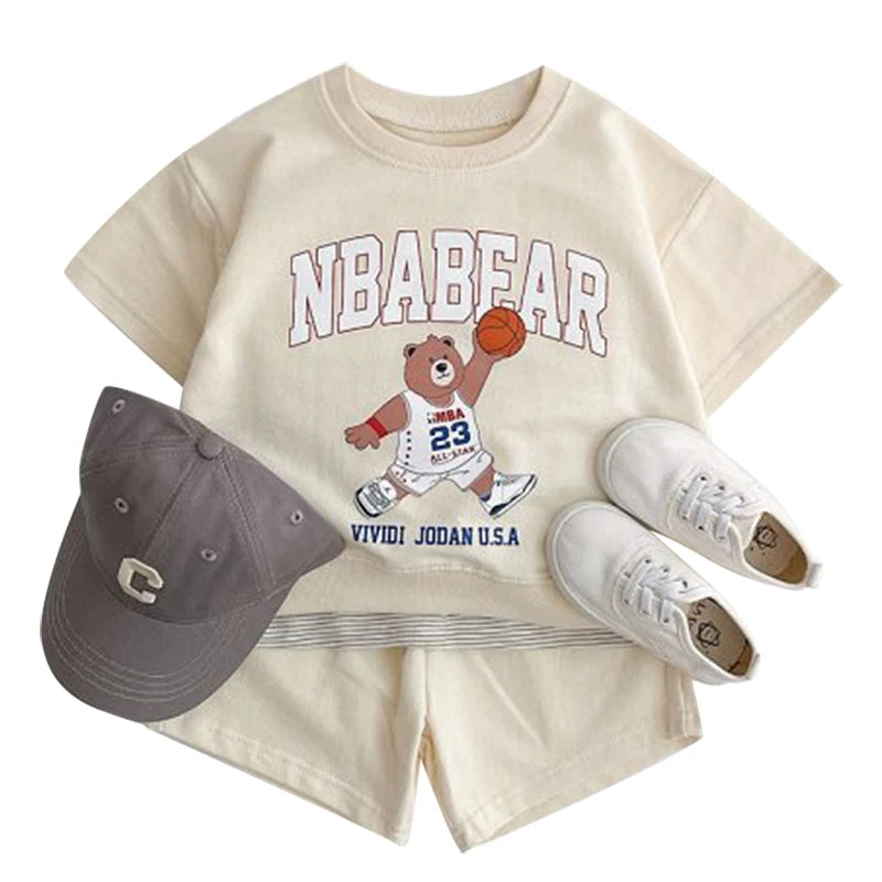 Fashion Kids Sports Bear Sweatshirt and Pants 2 Piece Fall Clothing Set with cap and white shoes