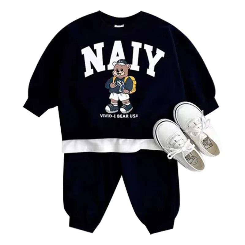 Fashion Kids Sports Bear Sweatshirt and Pants 2 Piece Fall Clothing Set in black with bear graphic and white sneakers