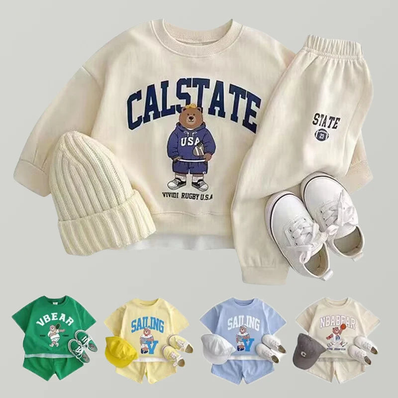 Fashion Kids Sports Bear Sweatshirt and Pants 2 Piece Fall Clothing Set with hat and shoes in cream and multiple colors