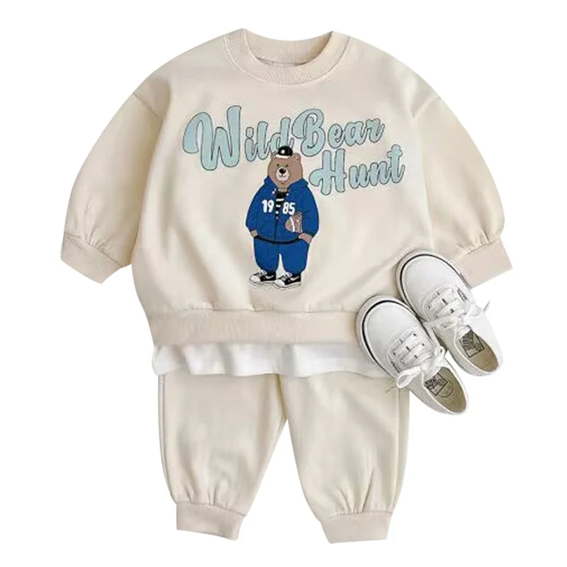 Fashion Kids Sports Bear Sweatshirt and Pants 2 Piece Fall Clothing Set in cream with blue bear graphic and matching pants