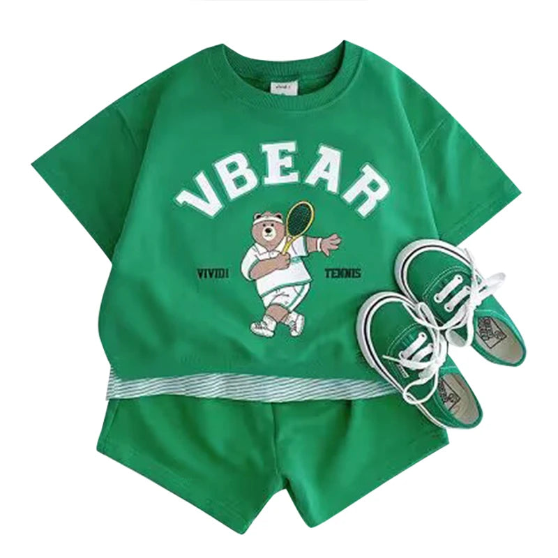 Fashion Kids Sports Bear Sweatshirt and Pants 2 Piece Fall Clothing Set in green with bear and tennis design