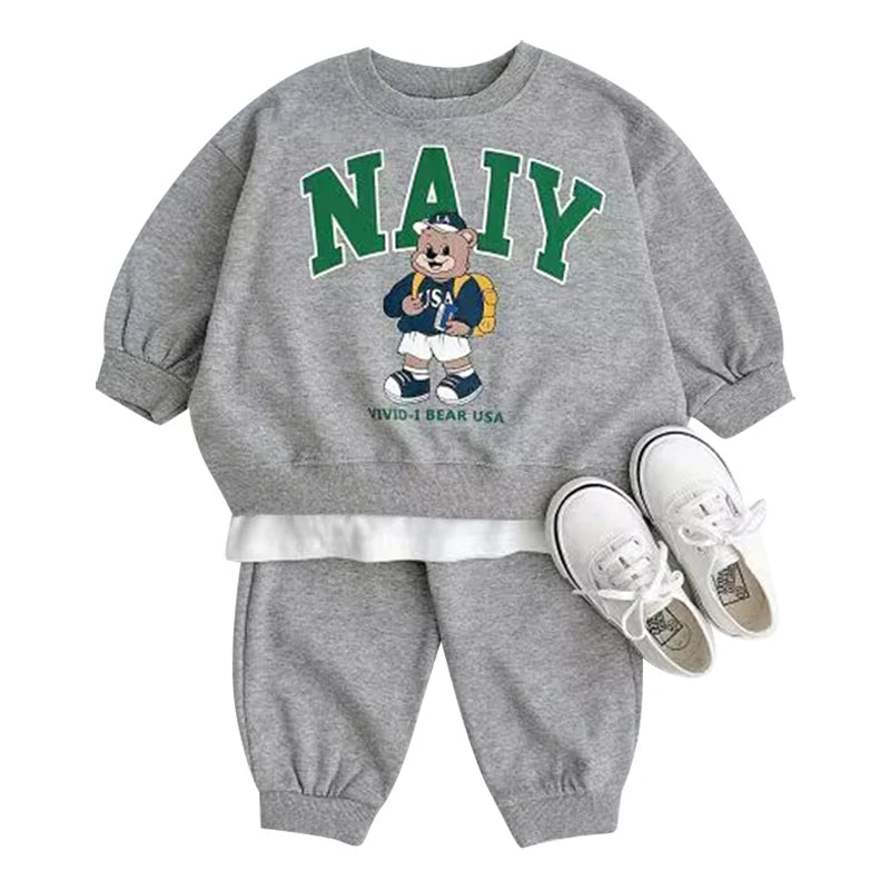 Fashion Kids Sports Bear Sweatshirt and Pants 2 Piece Fall Clothing Set in gray with bear graphic and white sneakers