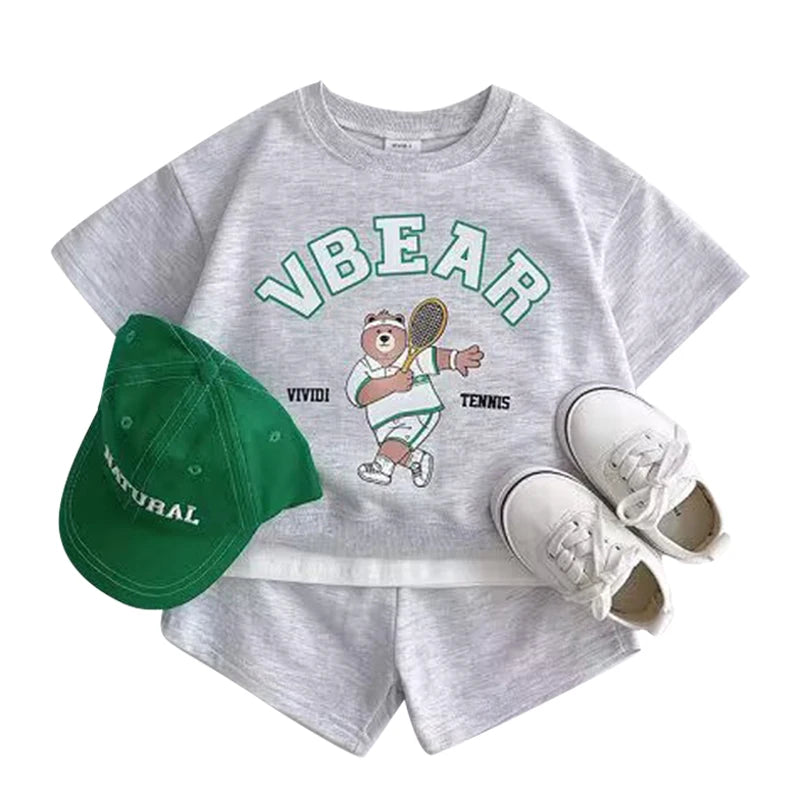 Fashion Kids Sports Bear Sweatshirt and Pants 2 Piece Fall Clothing Set with gray top and shorts featuring bear graphic and green cap