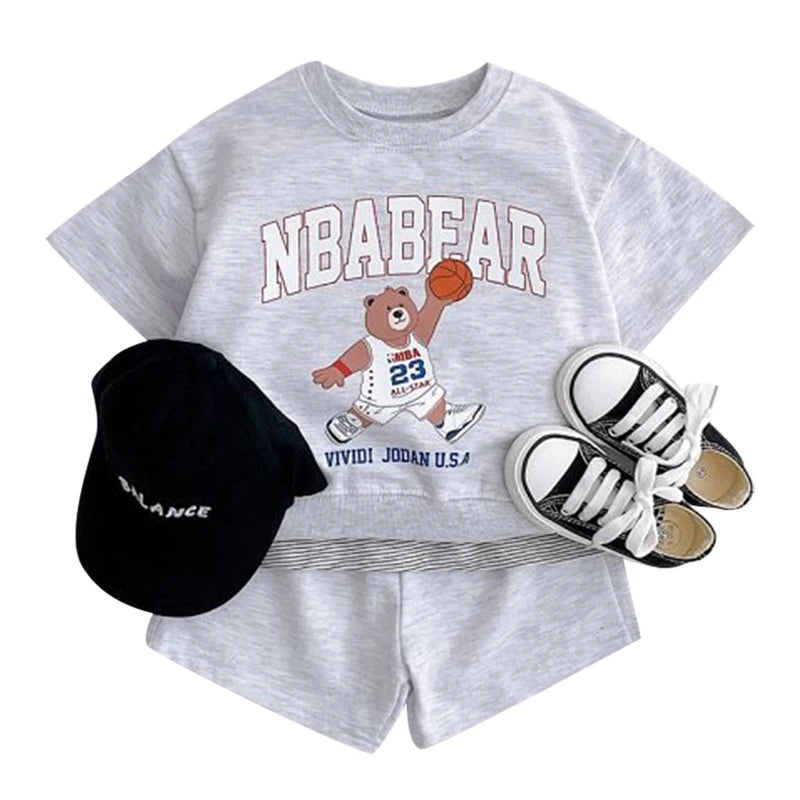 Fashion Kids Sports Bear Sweatshirt and Pants 2 Piece Fall Clothing Set with gray bear print sweatshirt
