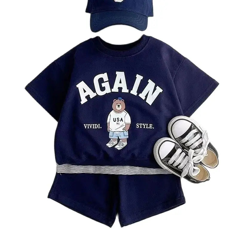 Fashion Kids Sports Bear Sweatshirt and Pants 2 Piece Fall Clothing Set in navy with bear graphic and matching shorts