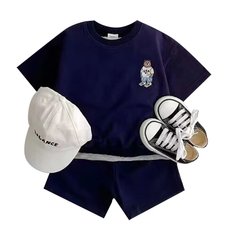 Fashion Kids Sports Bear Sweatshirt and Pants 2 Piece Fall Clothing Set in navy with bear design