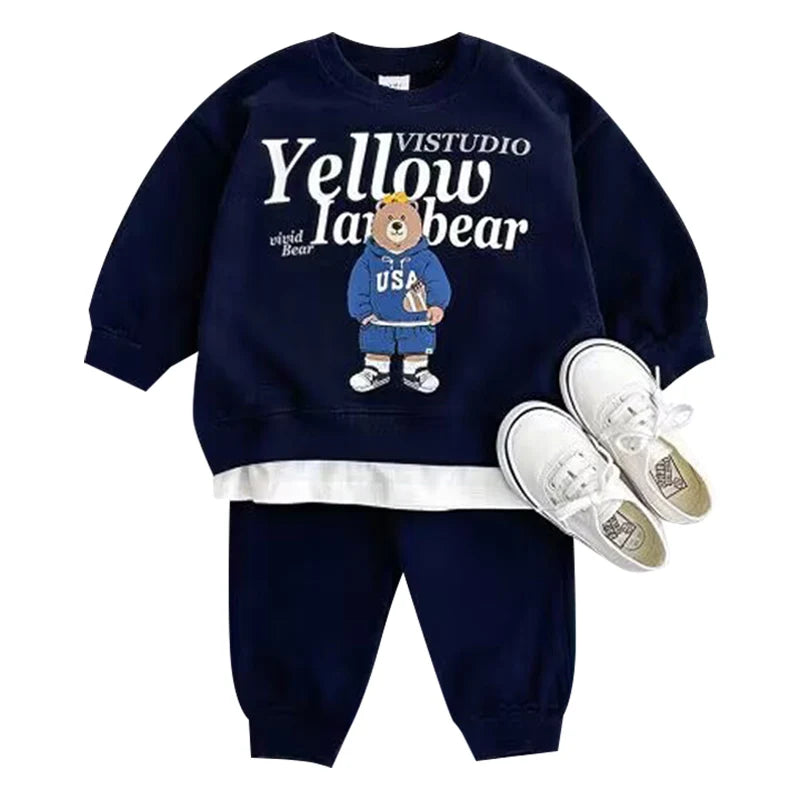Fashion Kids Sports Bear Sweatshirt and Pants 2 Piece Fall Clothing Set in navy blue with bear graphic and white sneakers