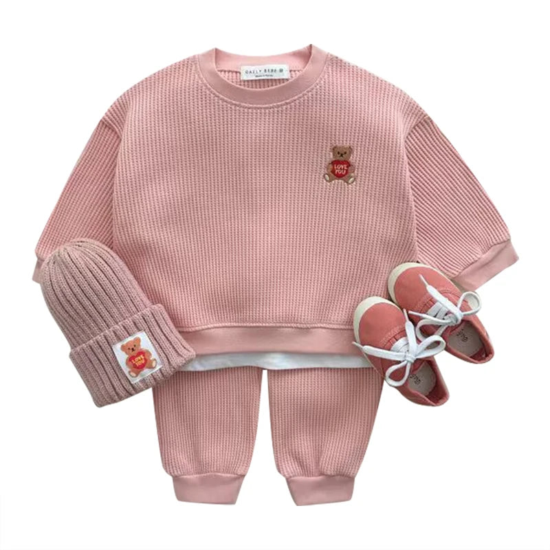 Fashion Kids Sports Bear Sweatshirt and Pants 2 Piece Fall Clothing Set in pink with matching hat and shoes