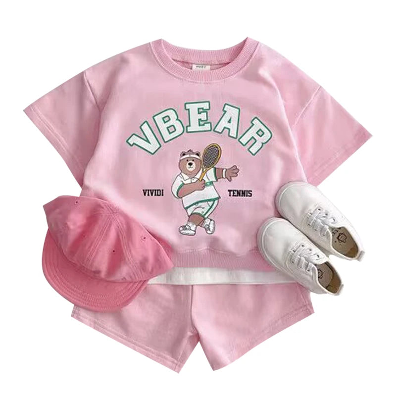 Fashion Kids Sports Bear Sweatshirt and Pants 2 Piece Fall Clothing Set in pink with matching cap and white shoes