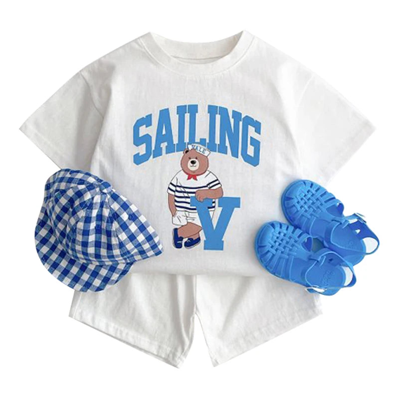 Fashion Kids Sports Bear Sweatshirt and Pants 2 Piece Fall Clothing Set with blue checkered hat and blue sandals