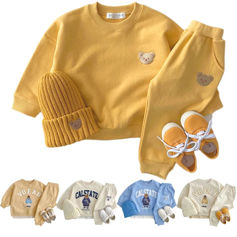 Fashion Kids Sports Bear Sweatshirt and Pants 2 Piece Fall Clothing Set in yellow with matching hat and shoes by Yamza Tots' Closet
