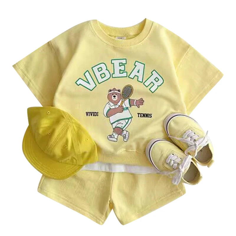 Yellow Fashion Kids Sports Bear Sweatshirt and Pants 2 Piece Fall Clothing Set with matching hat and shoes