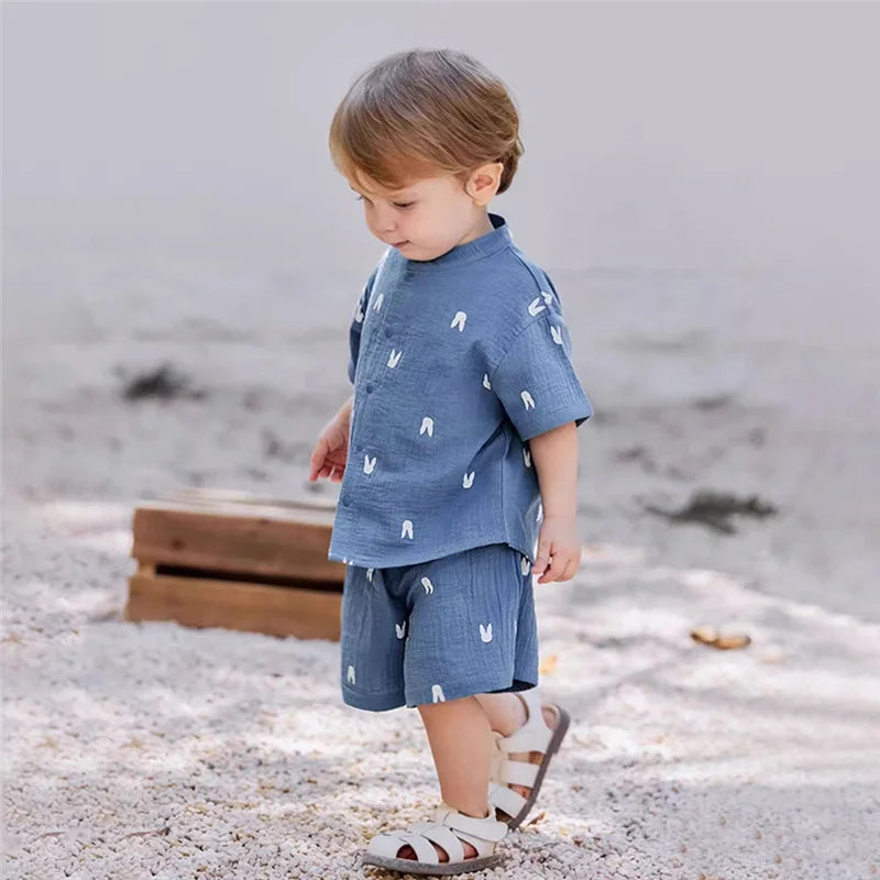Toddler boy wearing Fashion Kids Summer Casual Organic Cotton T-shirt and Shorts Set Toddler Outfit on sandy beach