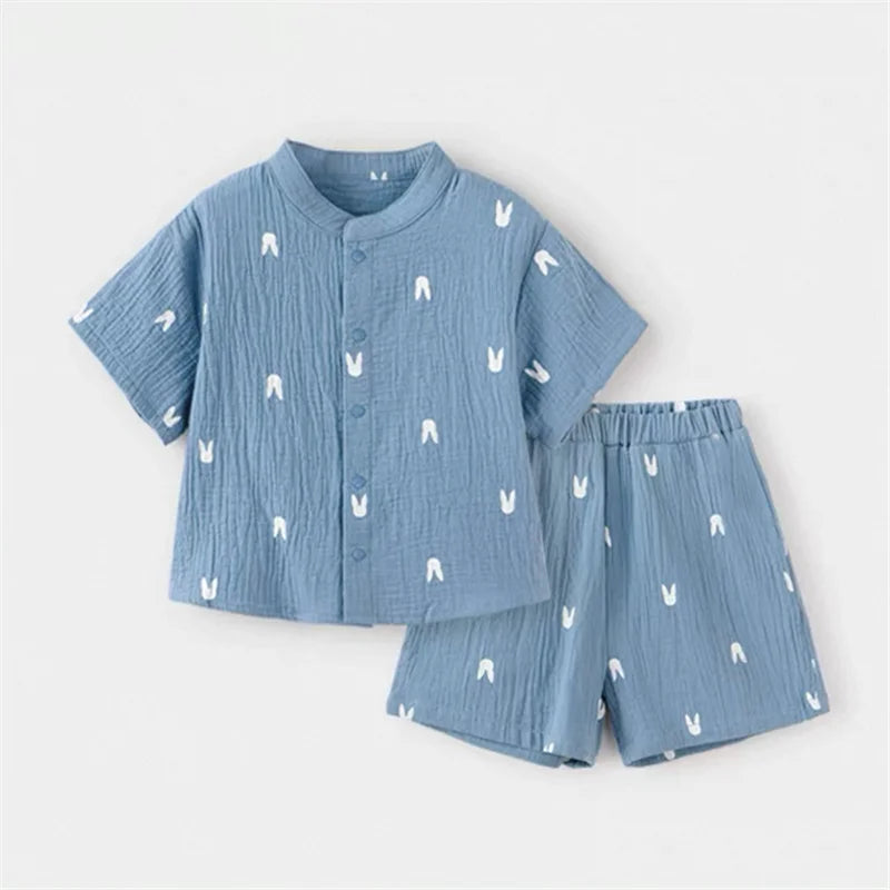 Fashion Kids Summer Casual Organic Cotton T-shirt and Shorts Set Toddler Outfit in blue with white prints
