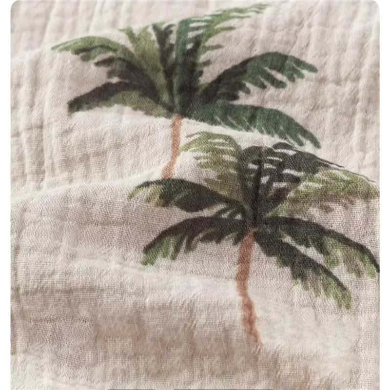 Close-up of soft fabric with green palm tree print for Fashion Kids Summer Casual Organic Cotton T-shirt and Shorts Set Toddler Outfit