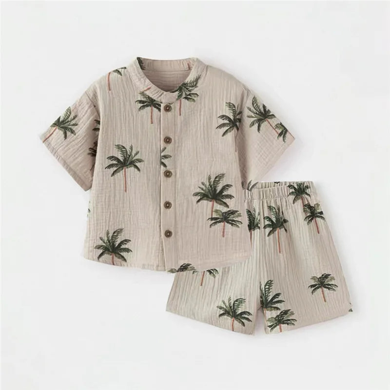 Fashion Kids Summer Casual Organic Cotton T-shirt and Shorts Set Toddler Outfit with palm tree print