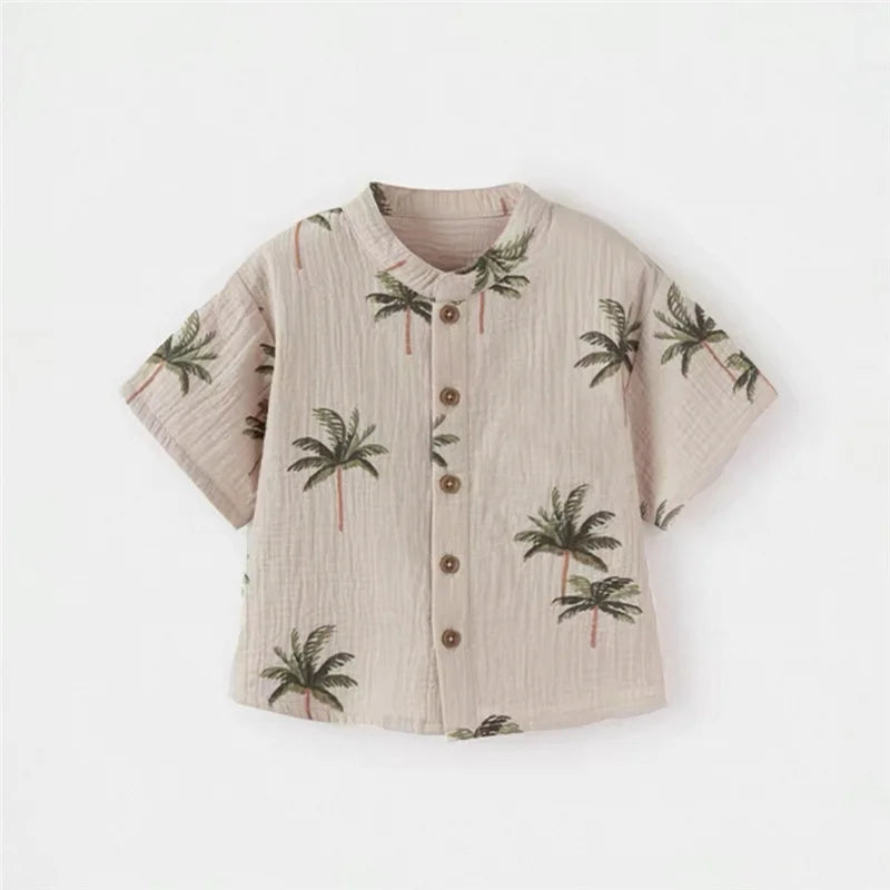 Fashion Kids Summer Casual Organic Cotton T-shirt and Shorts Set Toddler Outfit with palm tree print short sleeve button-up shirt