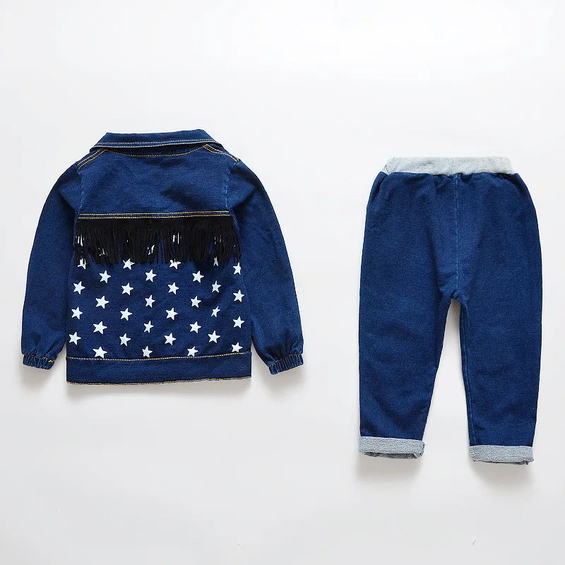 Fashion Spring Autumn Boys Denim Sports Set Kids Outfit Casual Clothes with star pattern jacket and denim pants