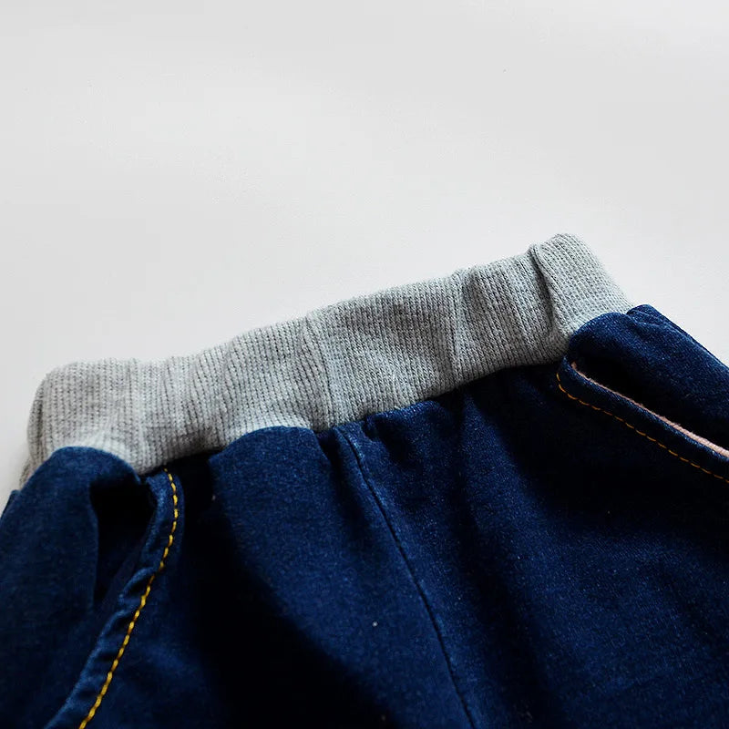 Fashion Spring Autumn Boys Denim Sports Set Kids Outfit Casual Clothes with elastic gray waistband and blue denim fabric