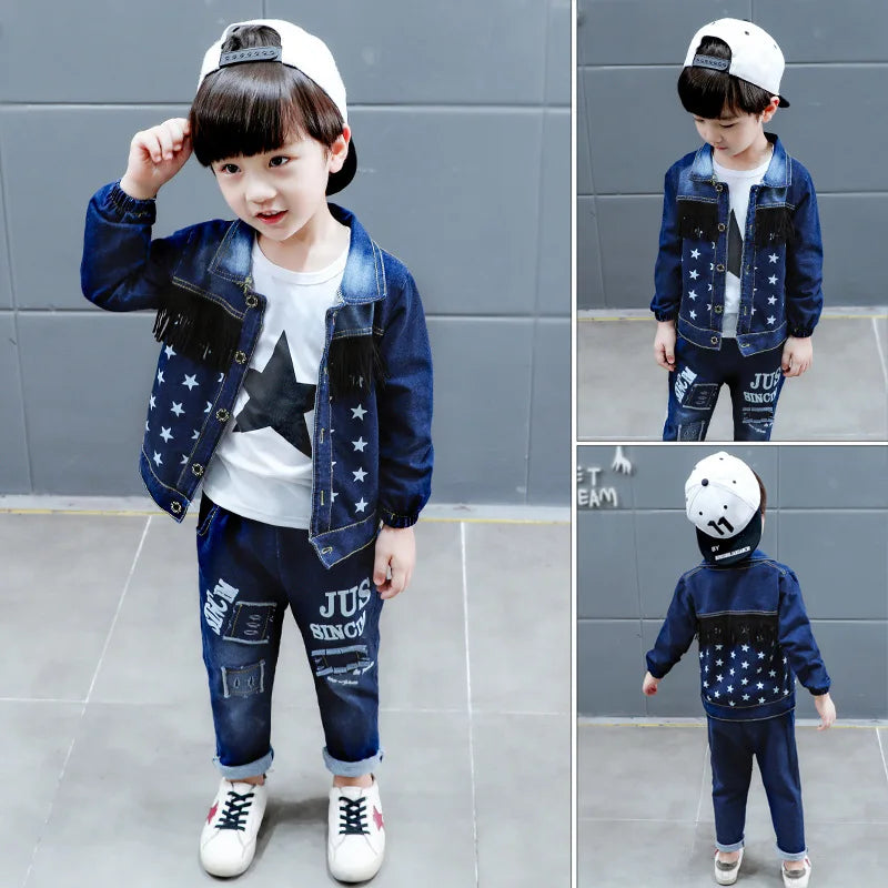 Fashion Spring Autumn Boys Denim Sports Set Kids Outfit Casual Clothes with star patterns and patches