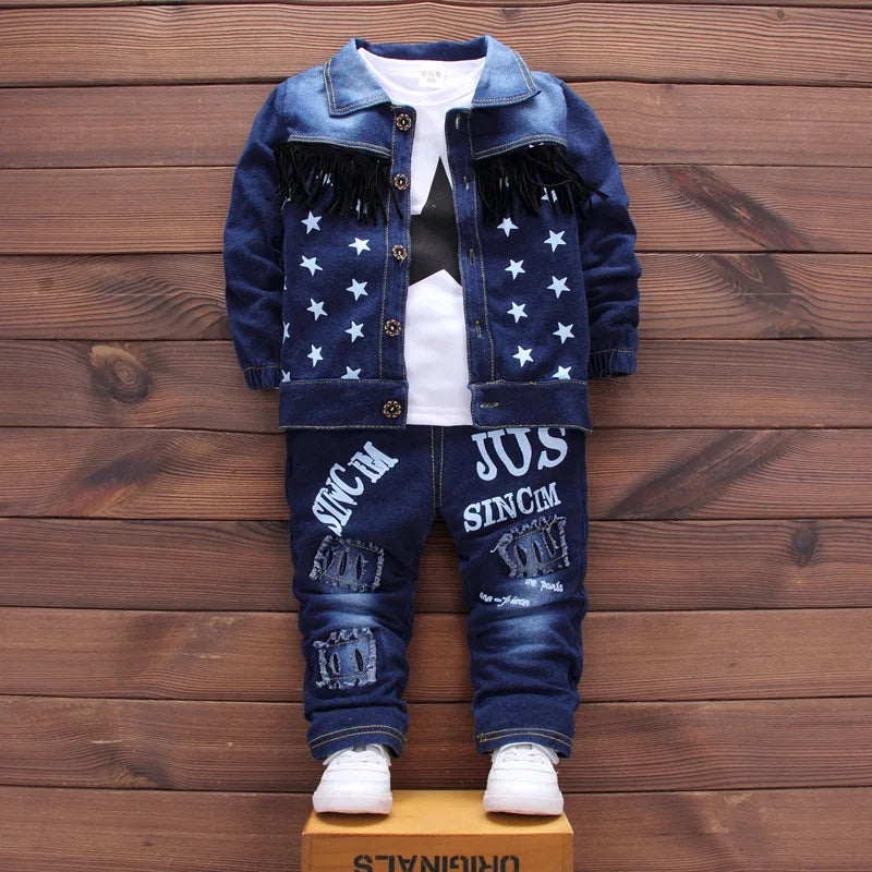 Fashion Spring Autumn Boys Denim Sports Set Kids Outfit Casual Clothes with star print jacket and distressed jeans