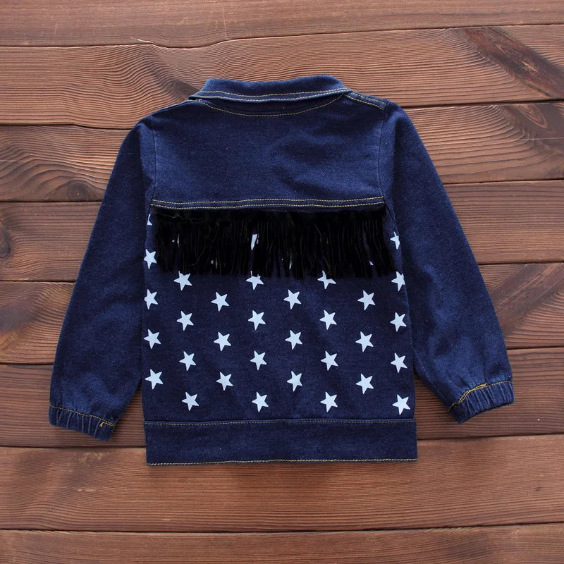 Fashion Spring Autumn Boys Denim Sports Set Kids Outfit Casual Clothes denim jacket with star patterns and black fringe