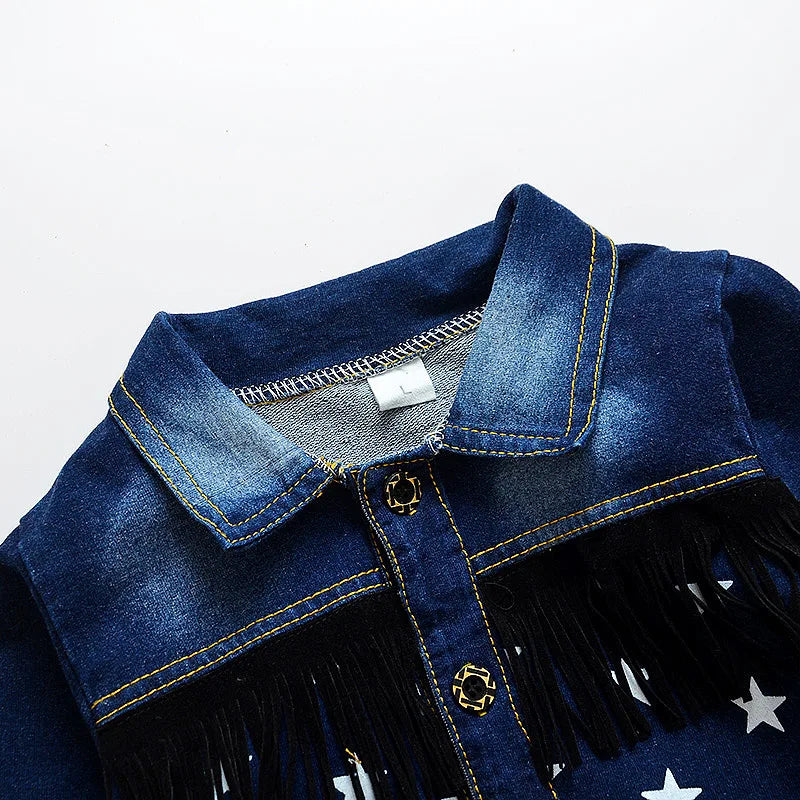 Fashion Spring Autumn Boys Denim Sports Set Kids Outfit Casual Clothes blue denim jacket with fringe detail
